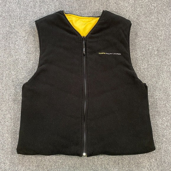 VINTAGE Chaps Ralph Lauren Reversible Vest Jacket Adult XL Black Yellow Fleece - Picture 7 of 11